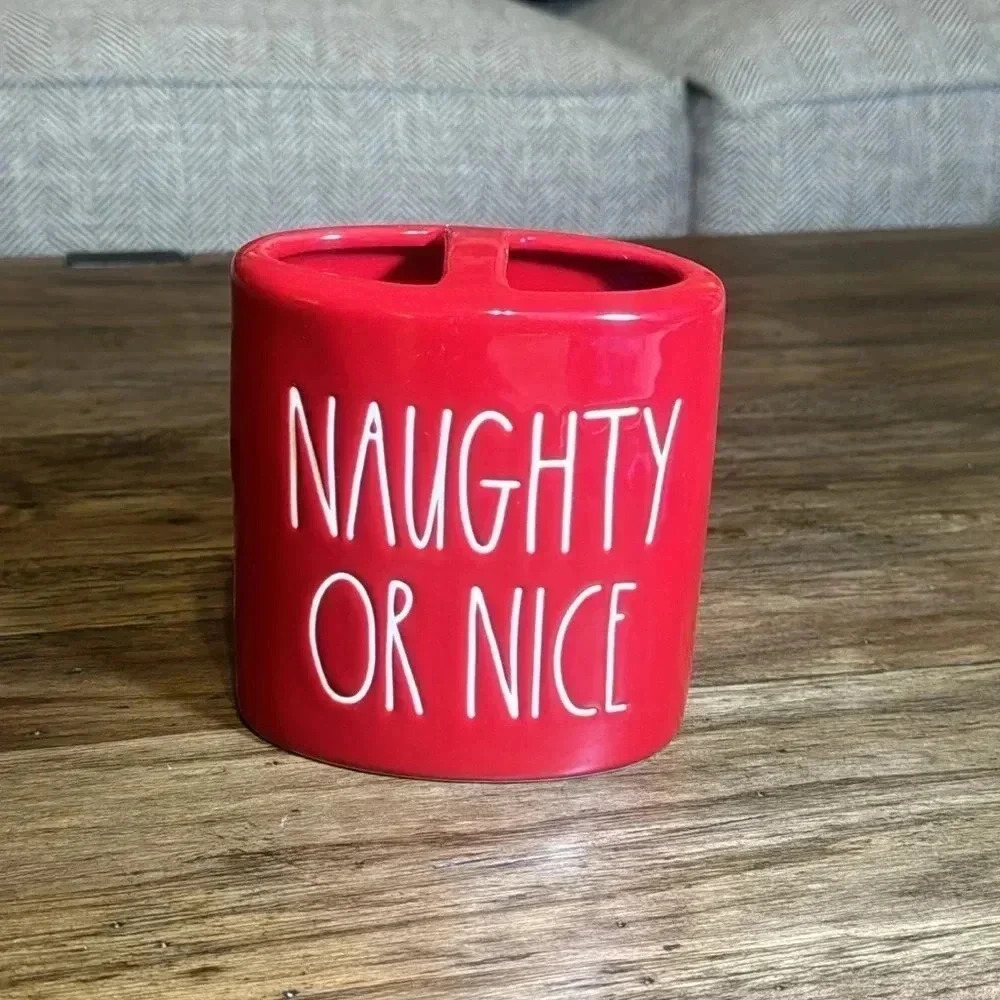 Rae Dunn Christmas Red Naughty Or Nice Makeup Brush/Toothbrush Ceramic Holder